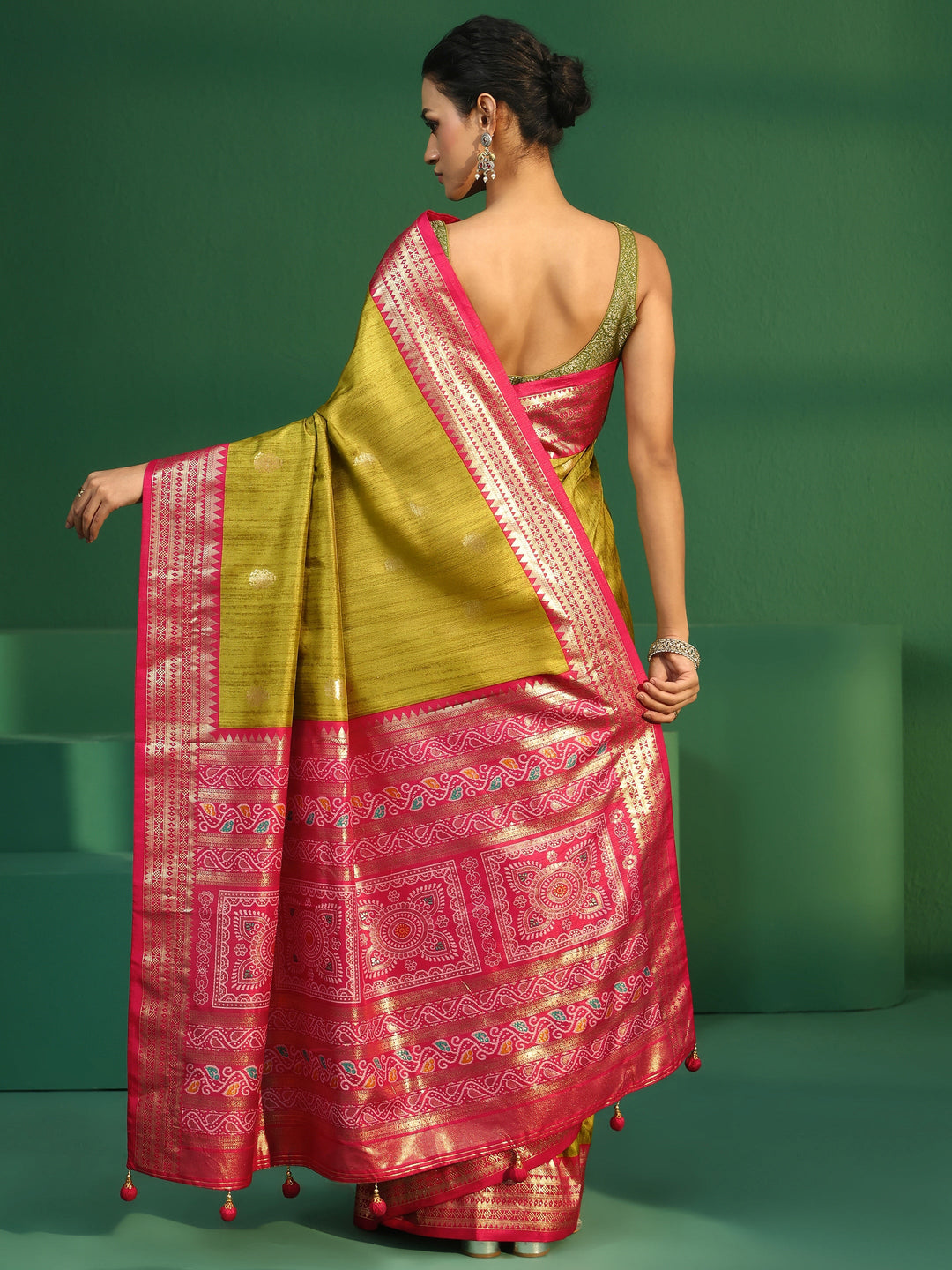  Libas Fern Green Printed Silk Blend Saree 