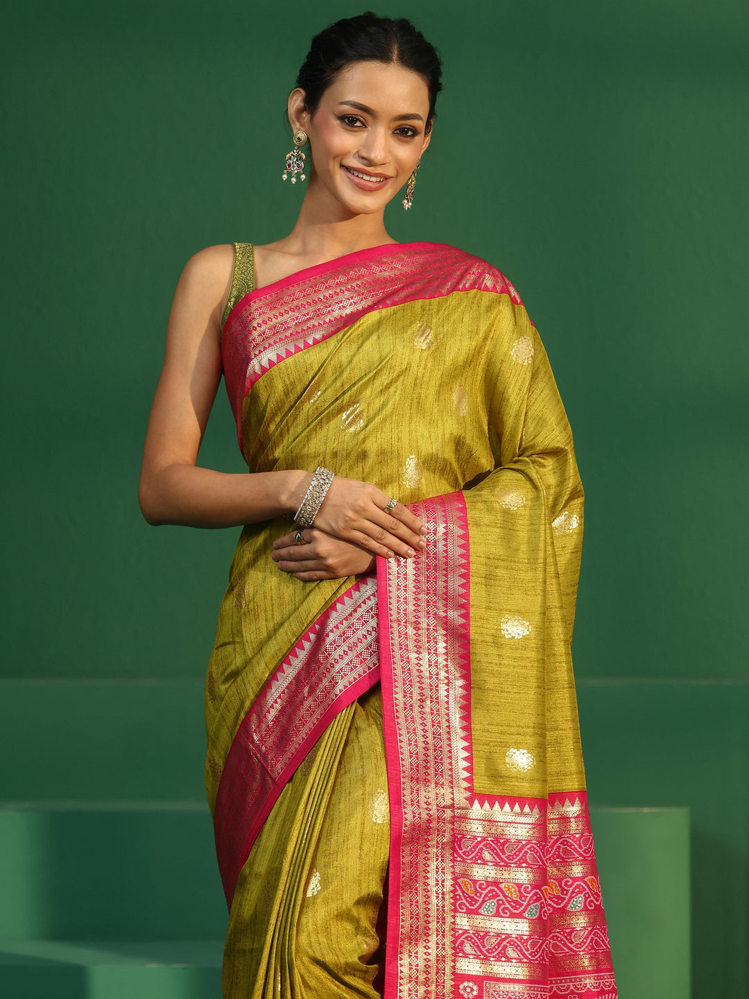  Libas Fern Green Printed Silk Blend Saree 