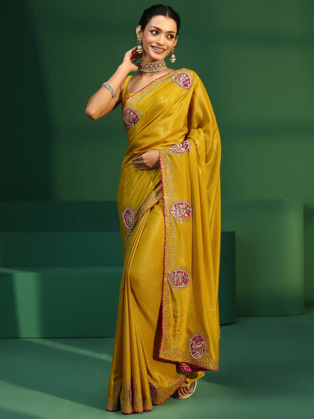  Libas Mustard Applique Work Embellished Satin Saree 