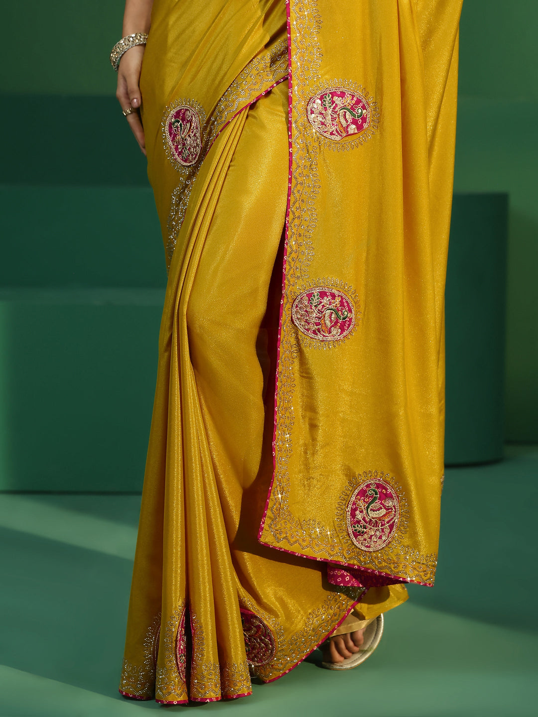  Libas Mustard Applique Work Embellished Satin Saree 