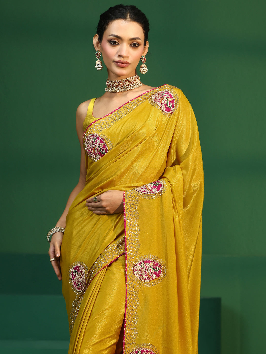  Libas Mustard Applique Work Embellished Satin Saree 
