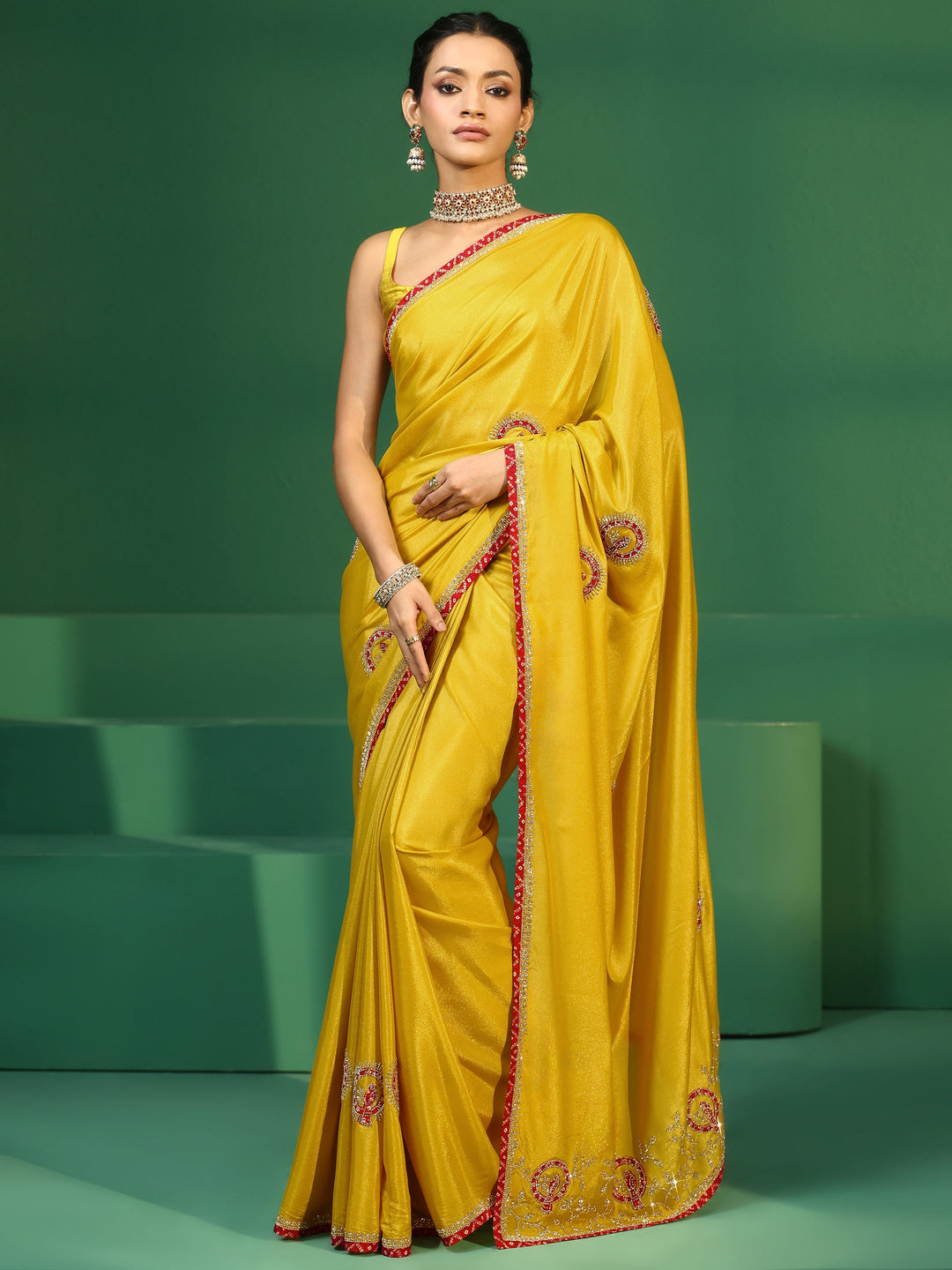  Libas Henna Green Applique Work Embellished Satin Saree 