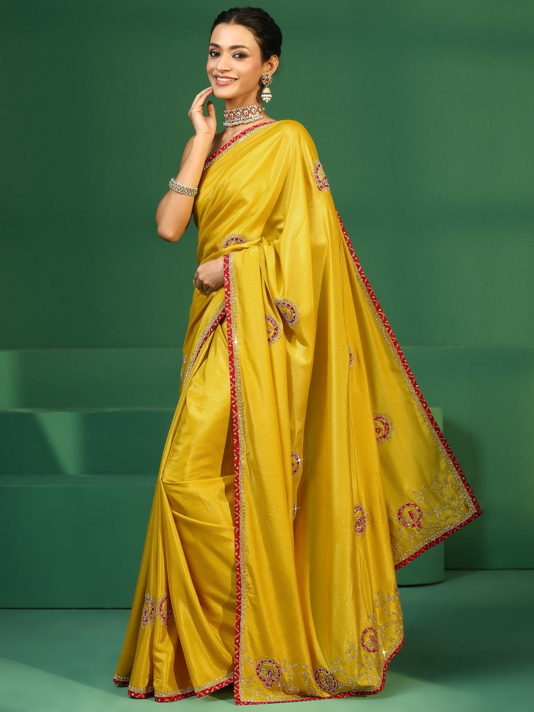  Libas Henna Green Applique Work Embellished Satin Saree 
