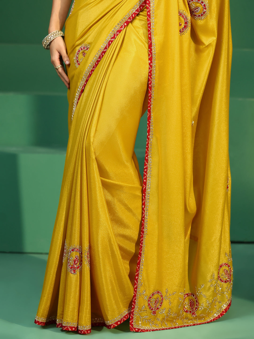  Libas Henna Green Applique Work Embellished Satin Saree 