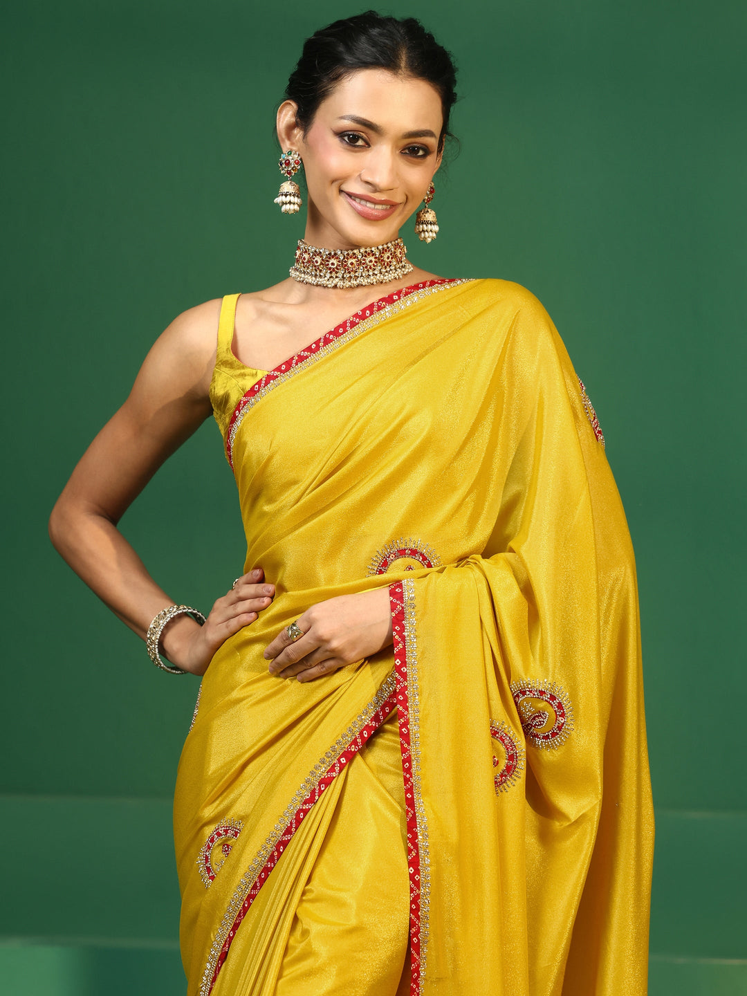  Libas Henna Green Applique Work Embellished Satin Saree 