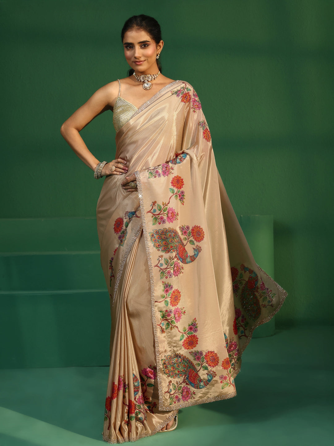  Libas Cream Peacock Printed Satin Saree with Embellished Border 