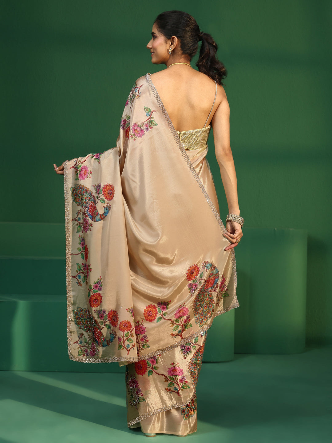  Libas Cream Peacock Printed Satin Saree with Embellished Border 