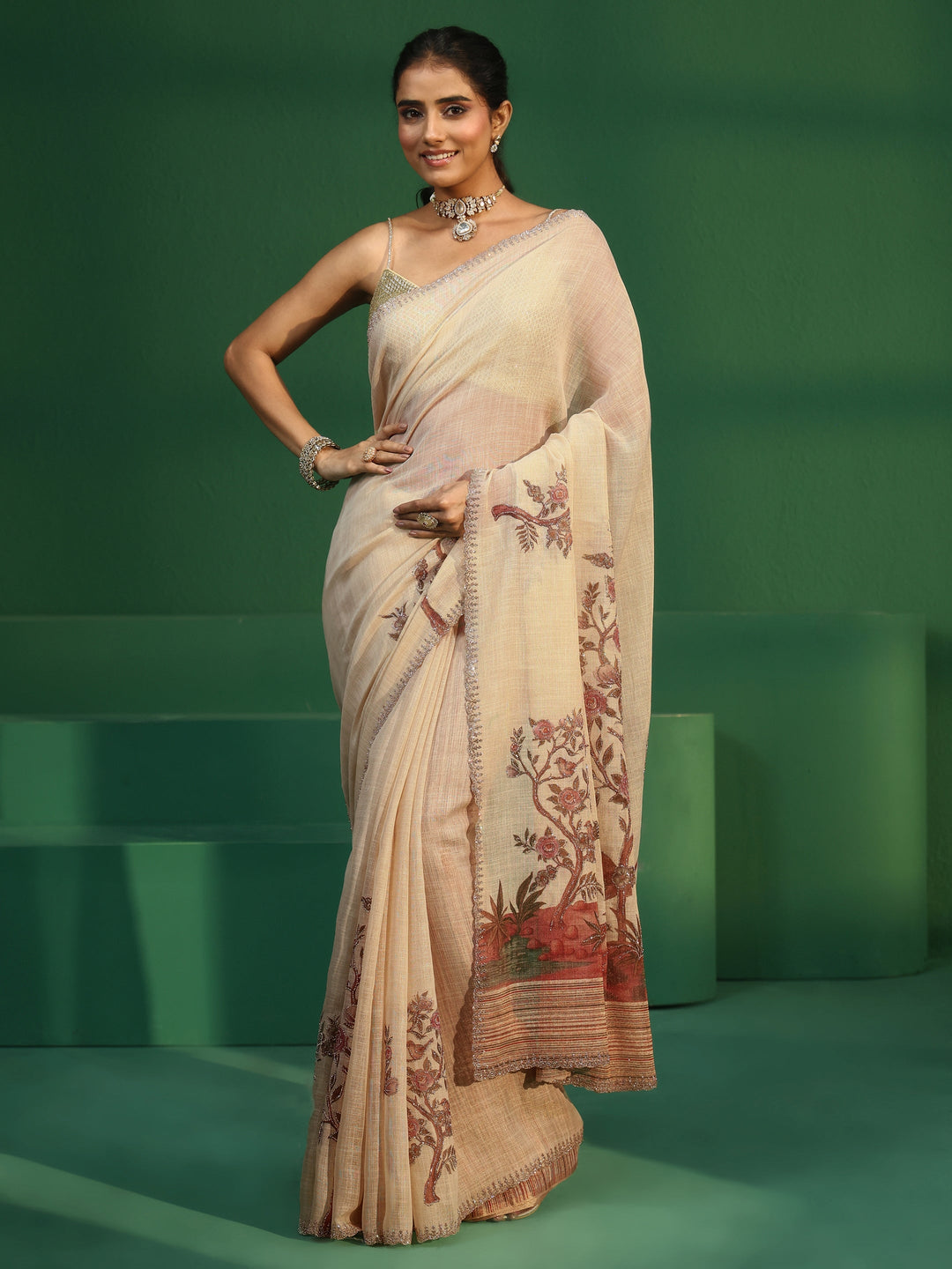  Libas Art Cream Printed Cotton Blend Saree with Embellished Border 