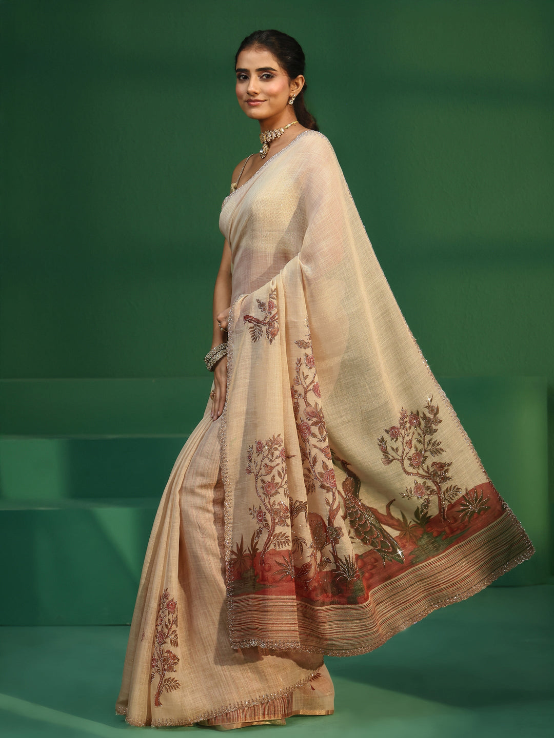  Libas Art Cream Printed Cotton Blend Saree with Embellished Border 
