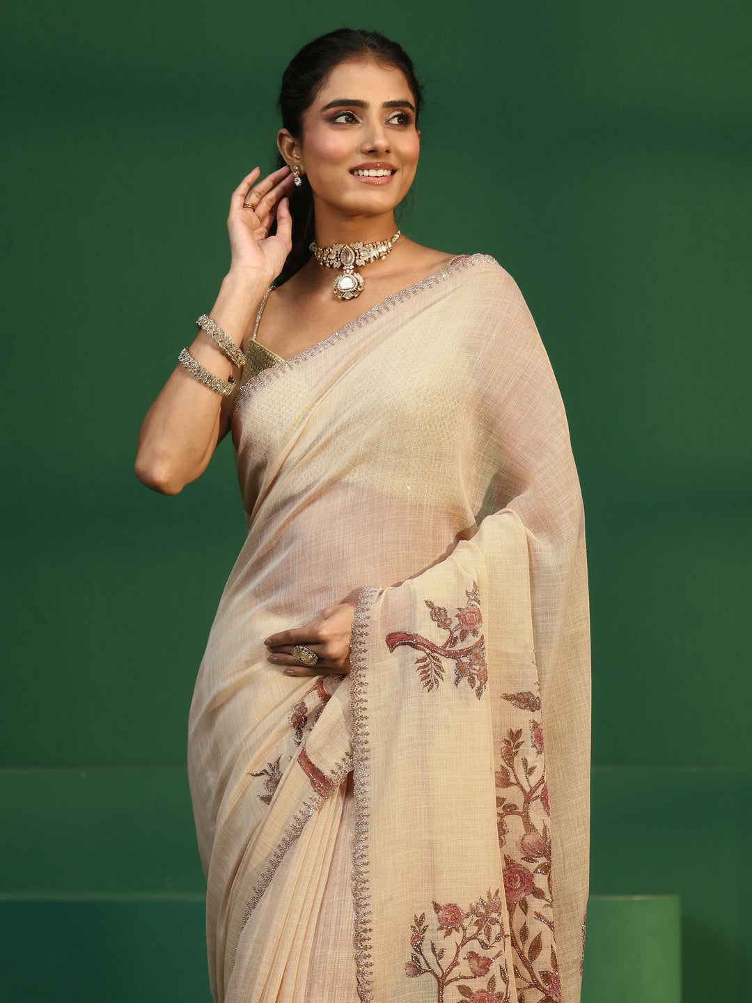  Libas Art Cream Printed Cotton Blend Saree with Embellished Border 