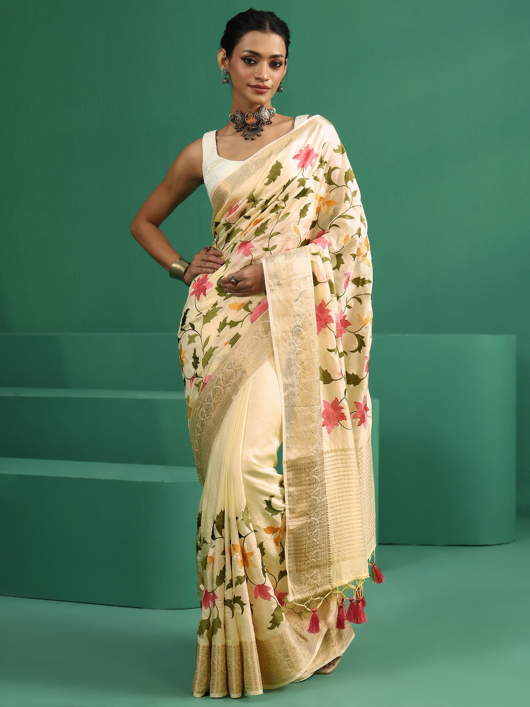  Libas Art Off White Floral Embroidered Silk Blend Saree with Woven Border 