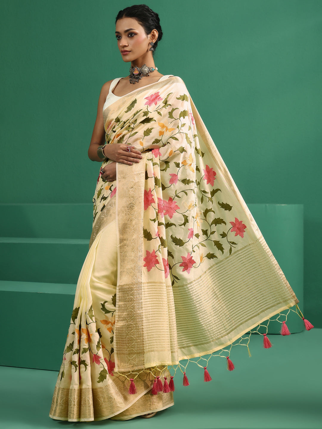  Libas Art Off White Floral Embroidered Silk Blend Saree with Woven Border 