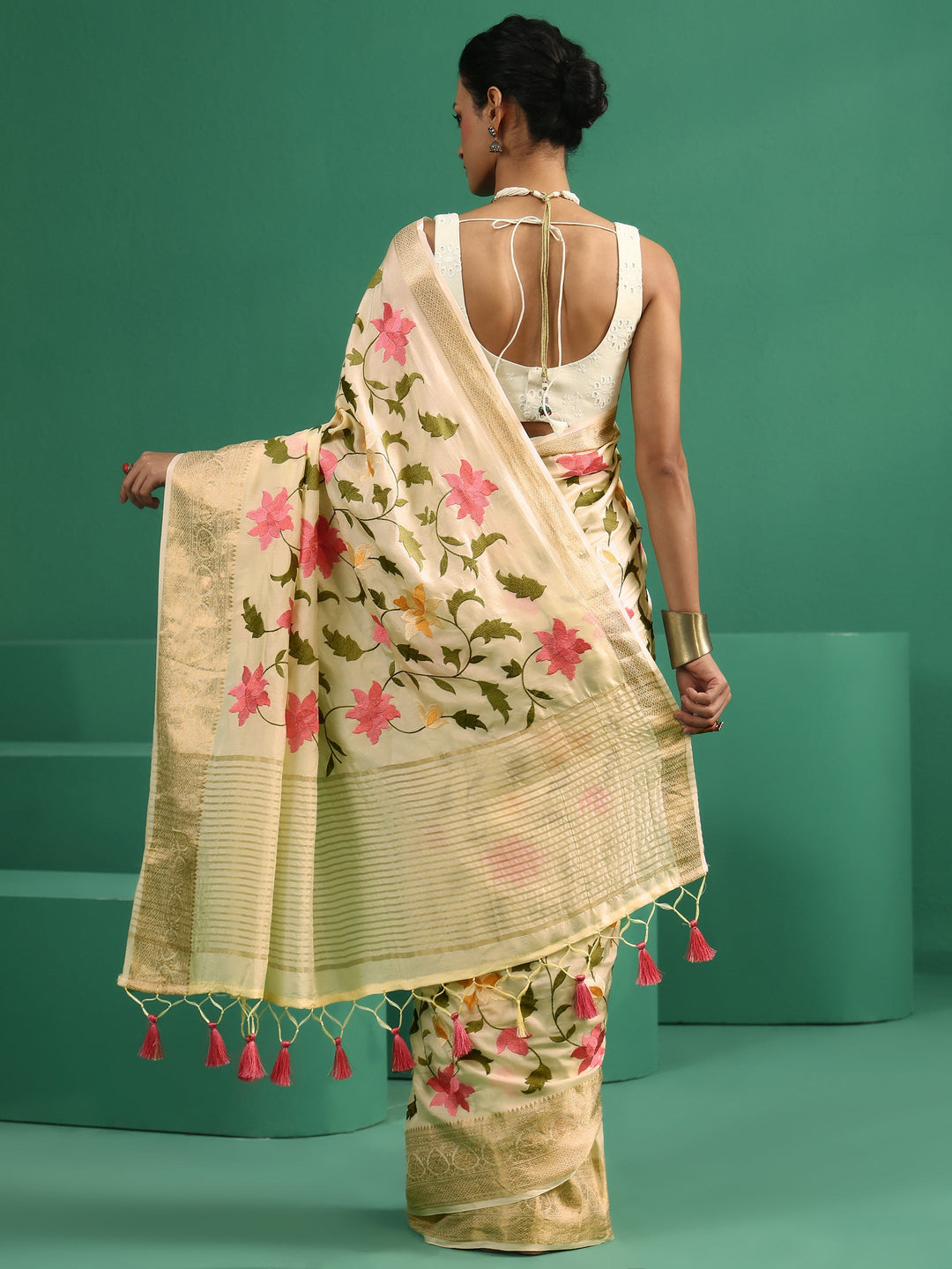  Libas Art Off White Floral Embroidered Silk Blend Saree with Woven Border 