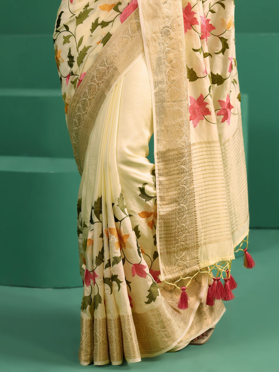  Libas Art Off White Floral Embroidered Silk Blend Saree with Woven Border 