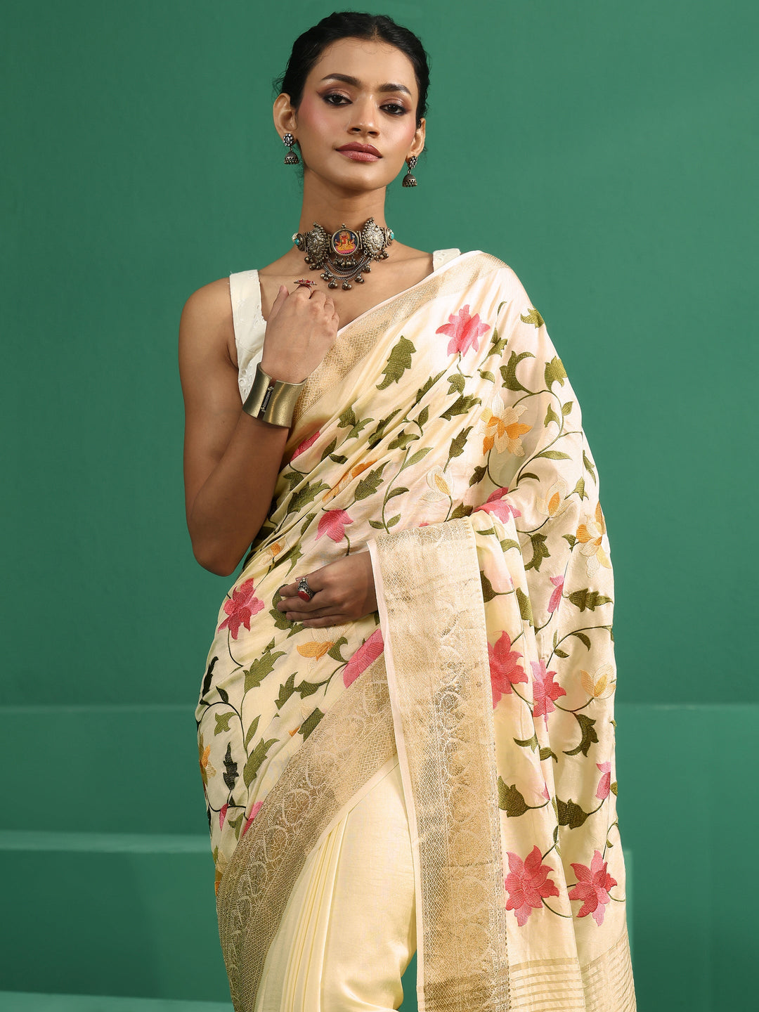  Libas Art Off White Floral Embroidered Silk Blend Saree with Woven Border 