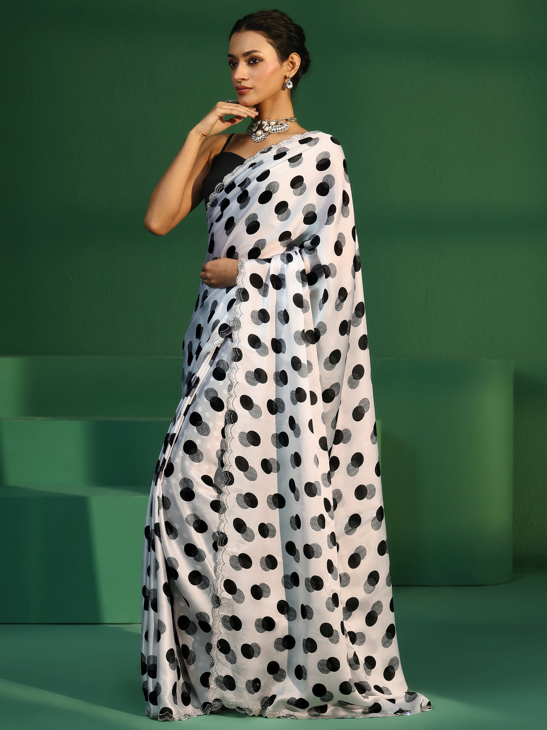  Libas White Polka Dot Print Tissue Saree 