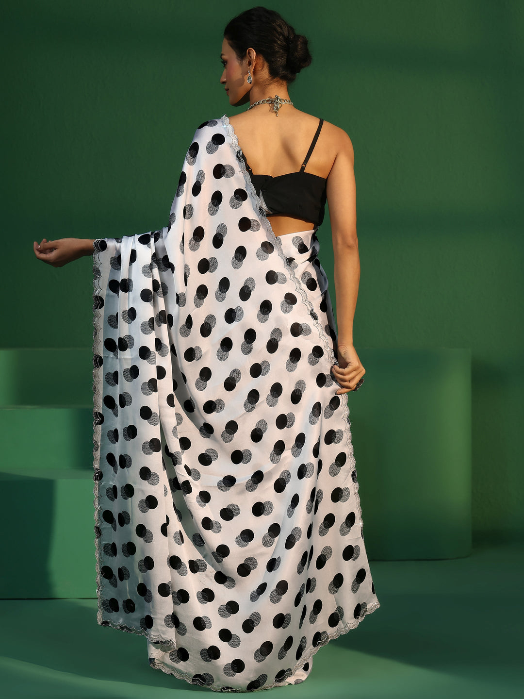  Libas White Polka Dot Print Tissue Saree 