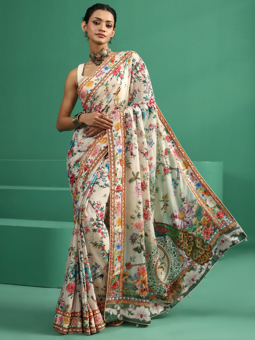  Libas Art Multicolour Floral Printed Chiffon Saree 