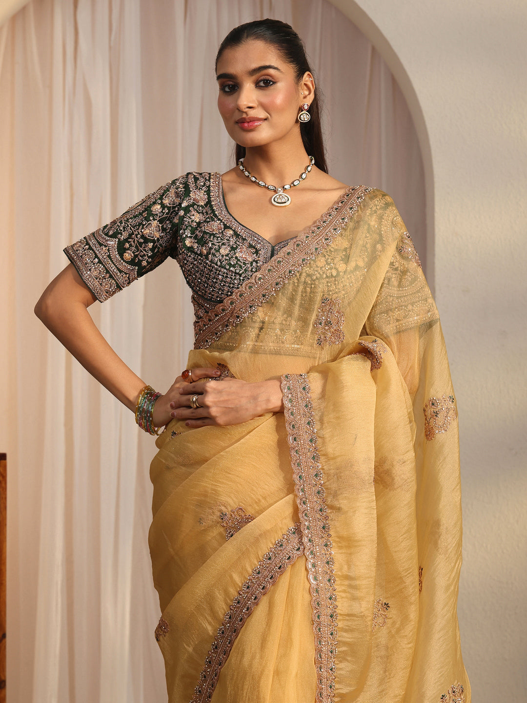  Libas Art Mustard Floral Embroidered Tissue Saree 