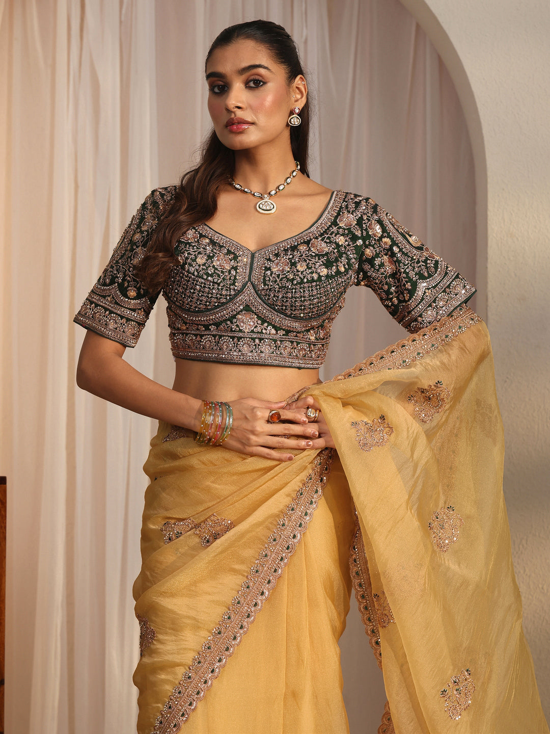 Libas Art Mustard Floral Embroidered Tissue Saree 