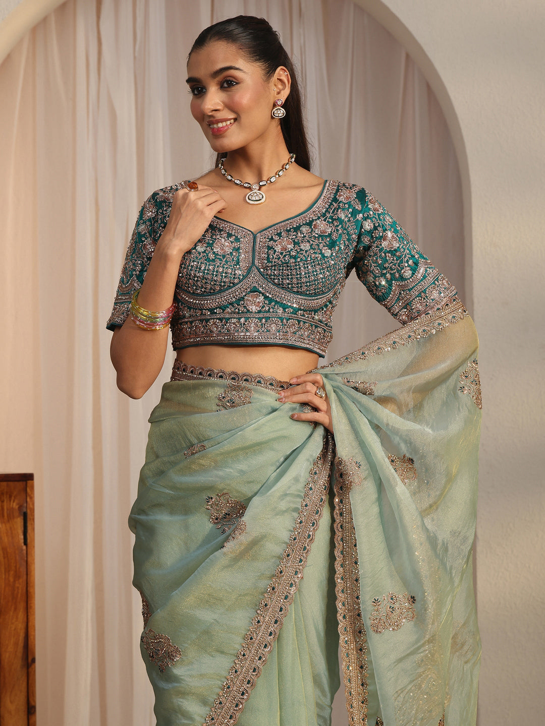  Libas Art Blue Floral Embroidered Tissue Saree 