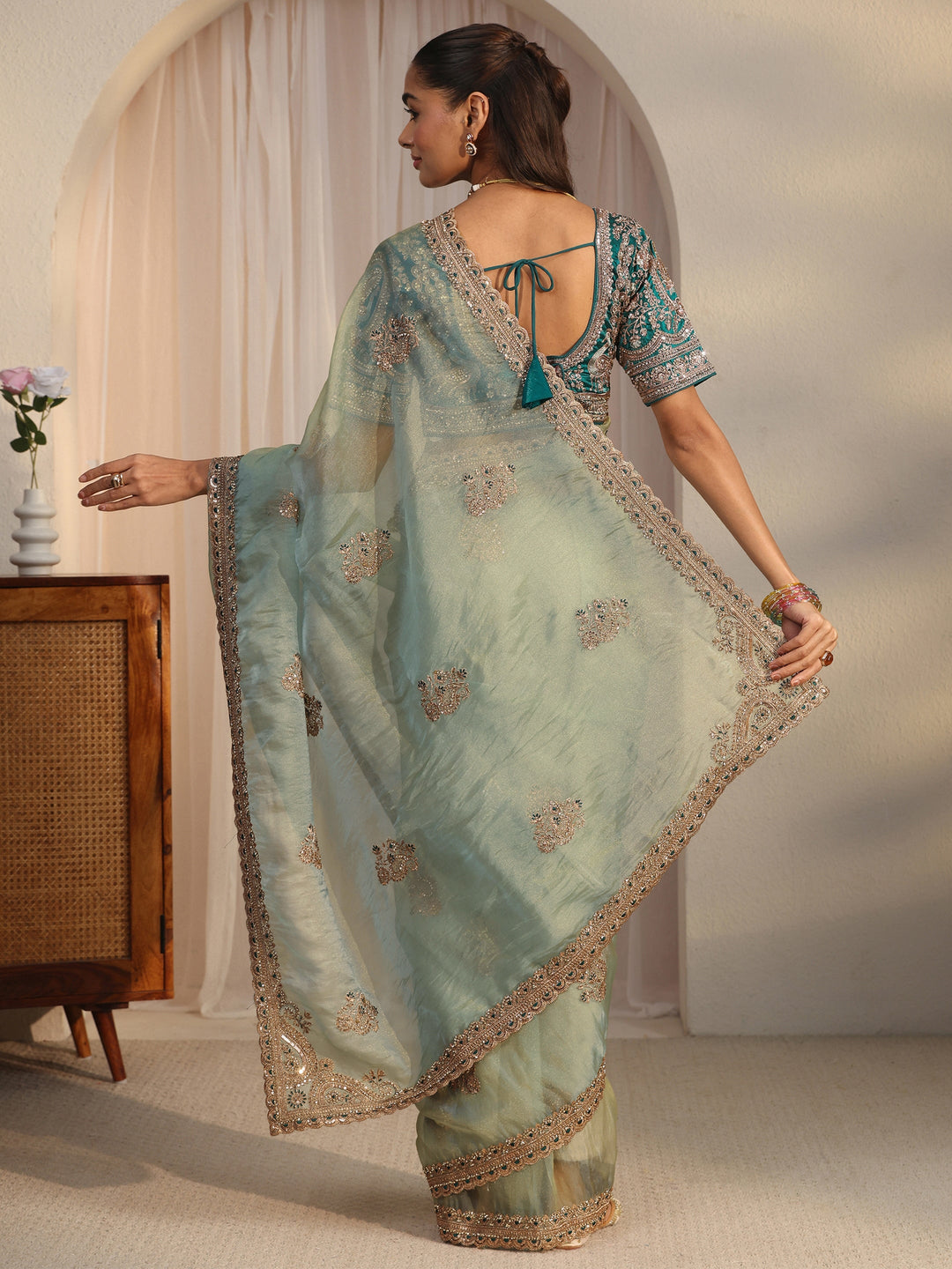  Libas Art Blue Floral Embroidered Tissue Saree 