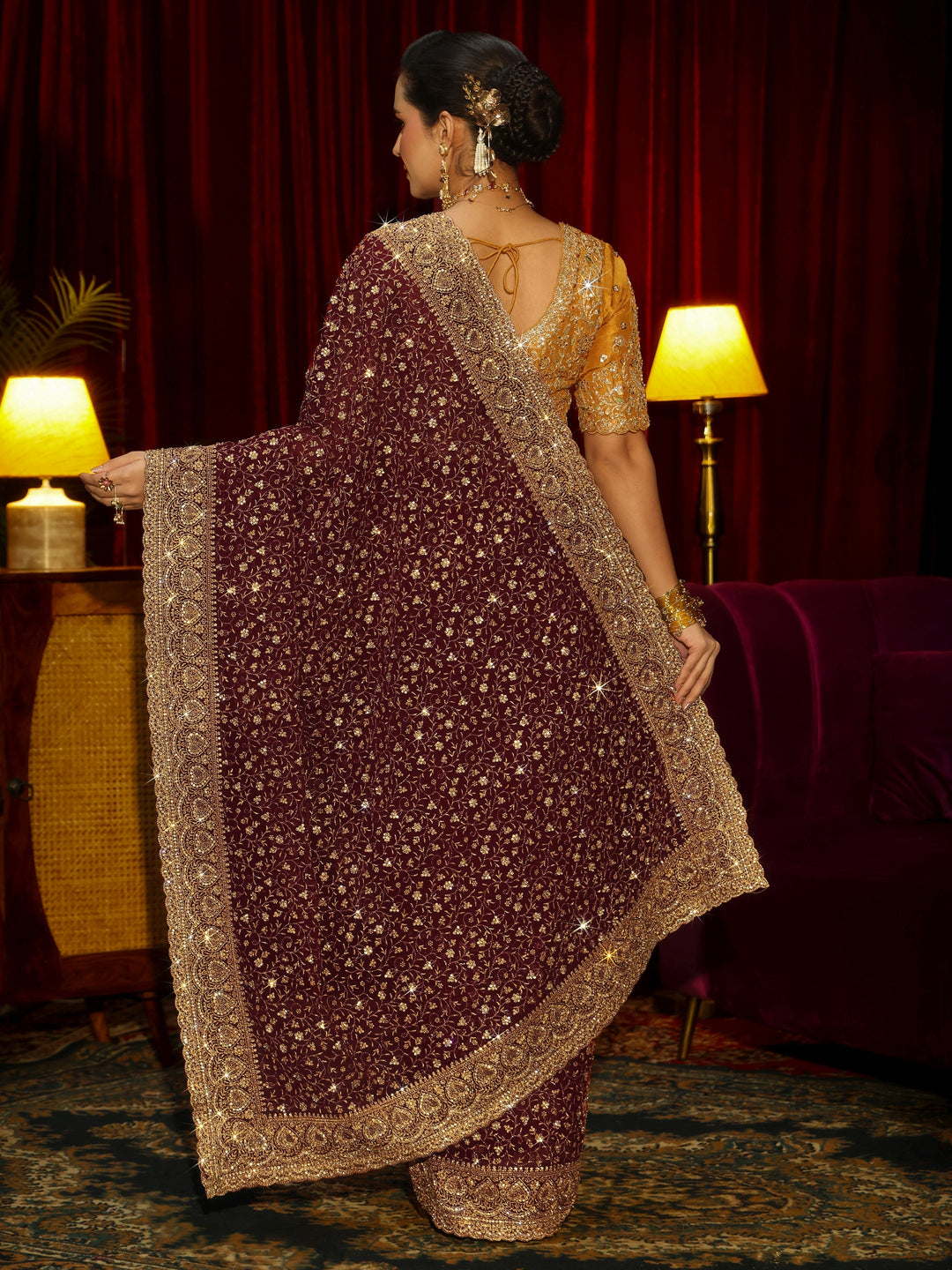  Libas Art Maroon Floral Embellished Georgette Saree 