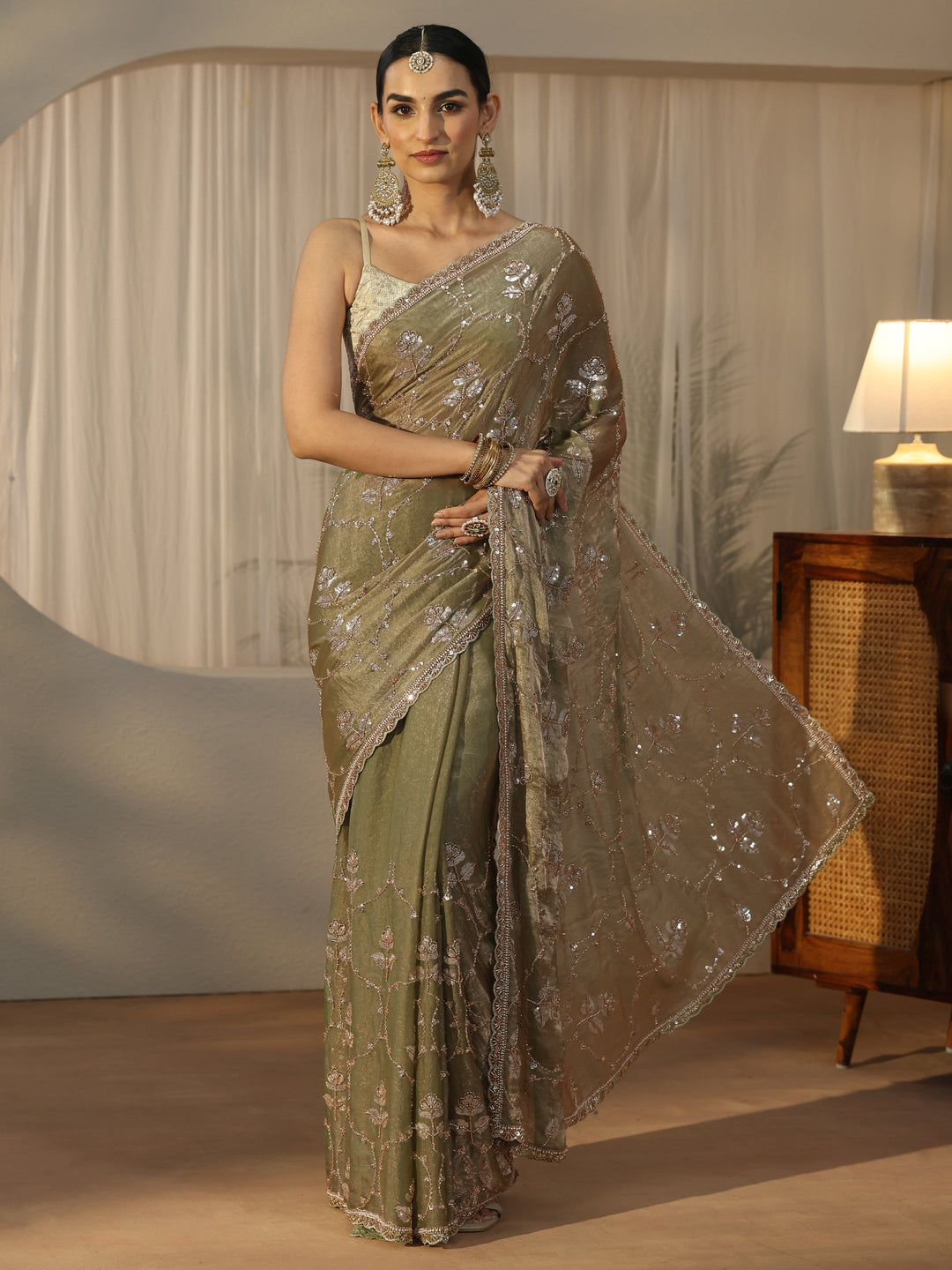  Libas Green Floral Embellished Tissue Saree 