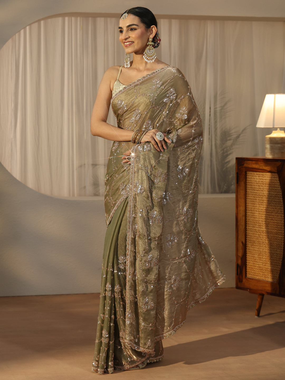  Libas Green Floral Embellished Tissue Saree 
