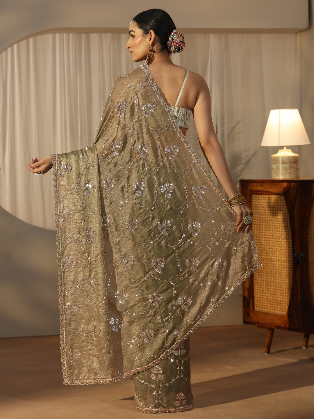  Libas Green Floral Embellished Tissue Saree 