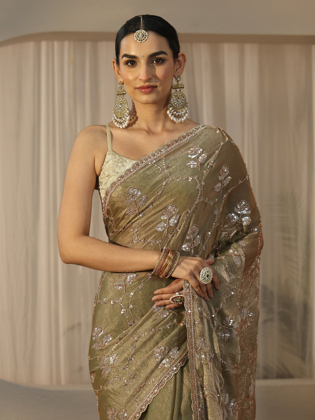  Libas Green Floral Embellished Tissue Saree 