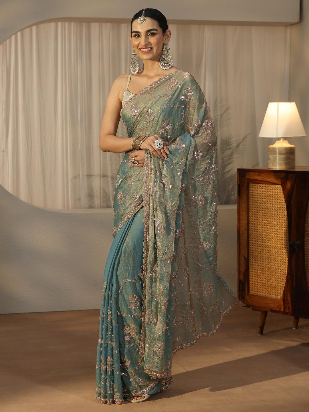  Libas Blue Floral Embellished Tissue Saree 