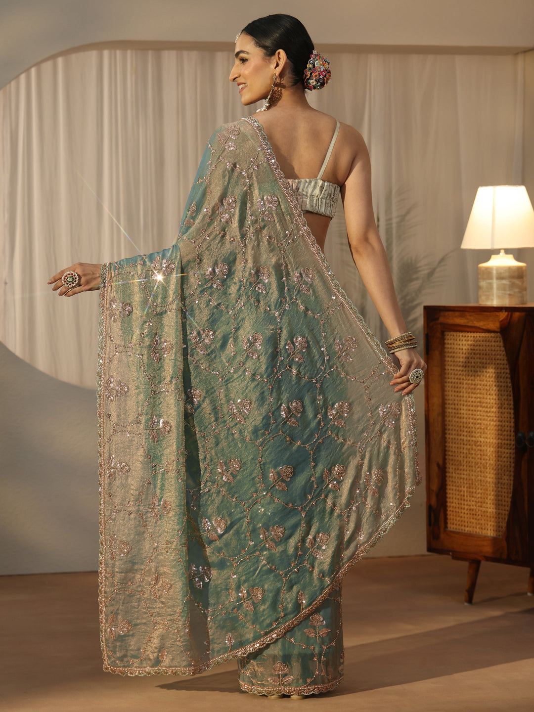  Libas Blue Floral Embellished Tissue Saree 