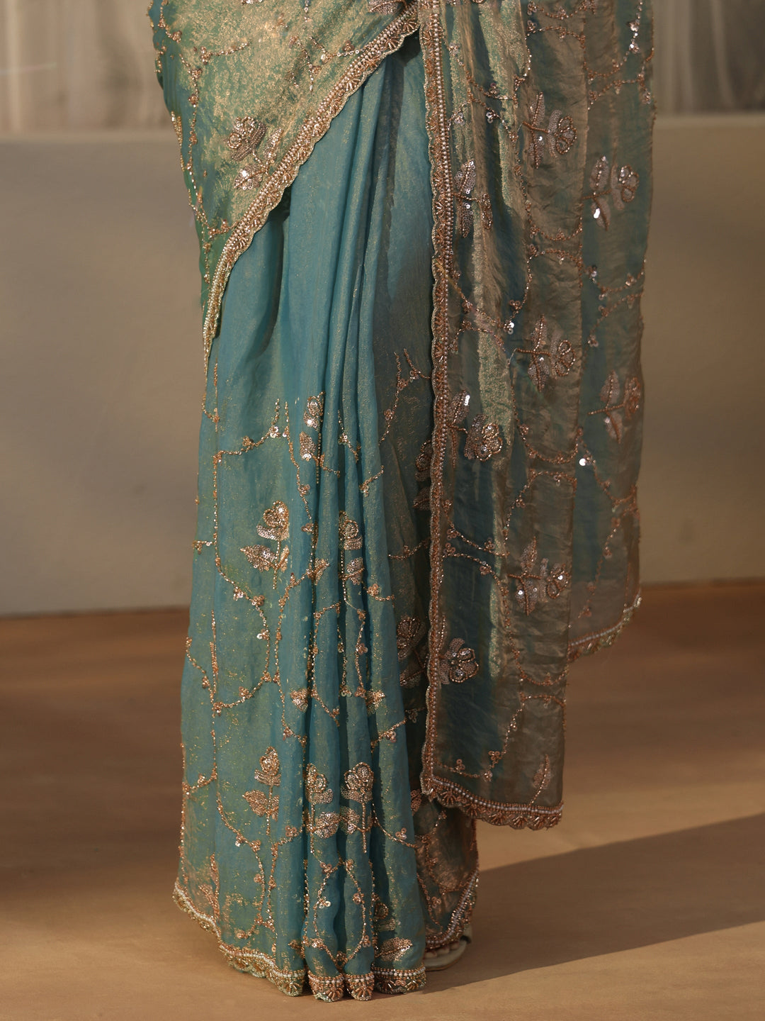  Libas Blue Floral Embellished Tissue Saree 