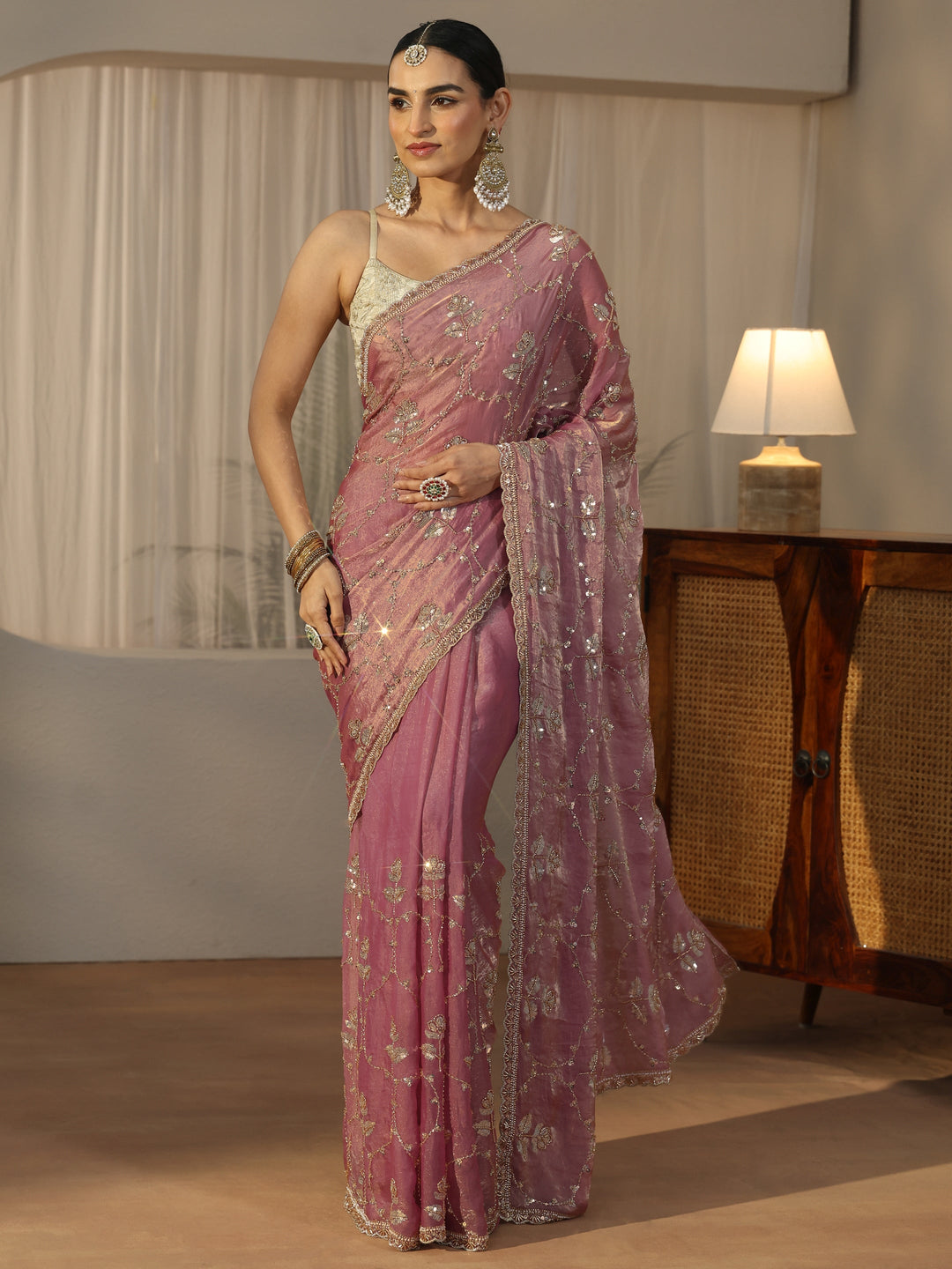  Libas Dusty Rose Pink Floral Embellished Tissue Saree 