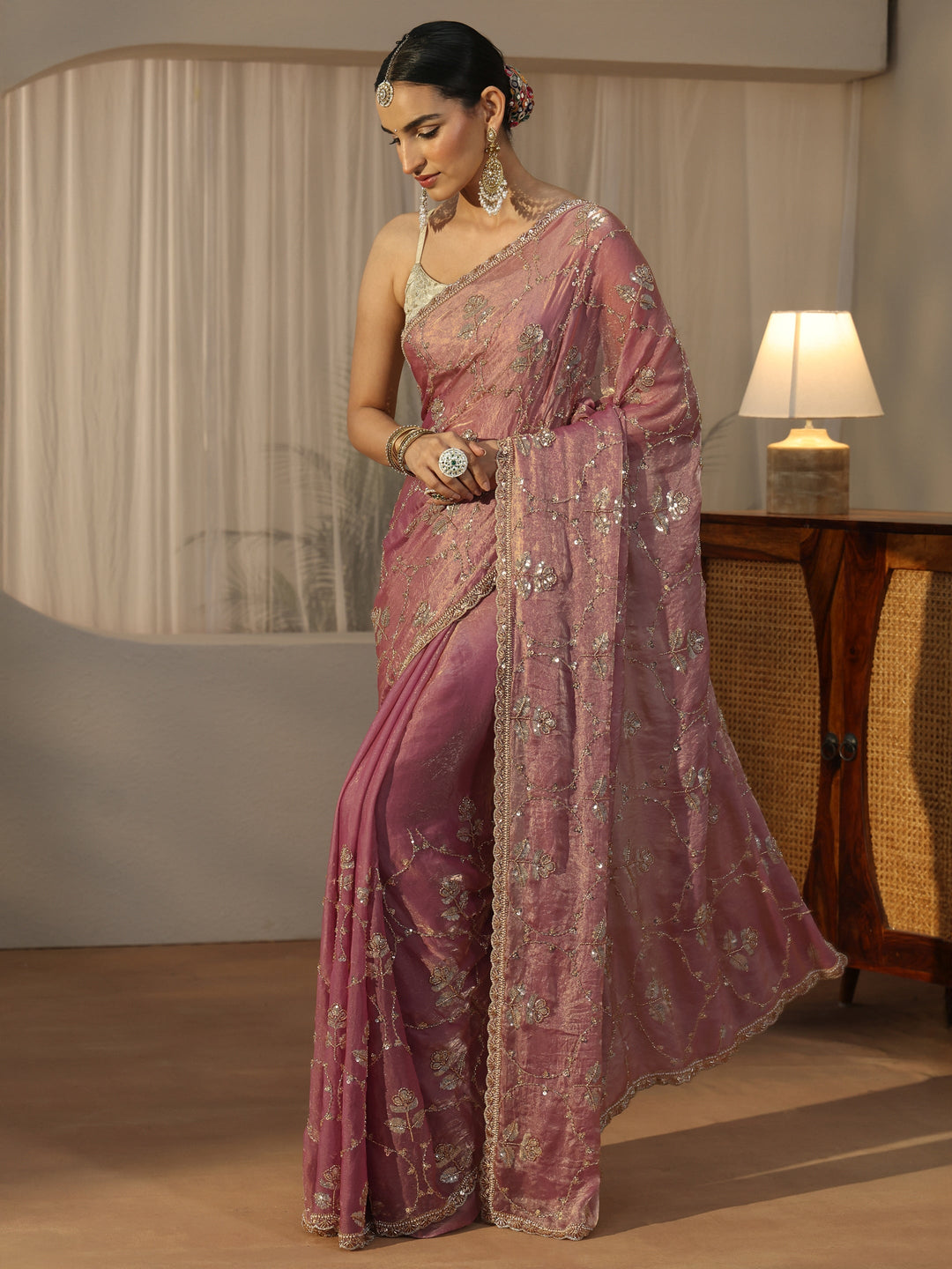  Libas Dusty Rose Pink Floral Embellished Tissue Saree 