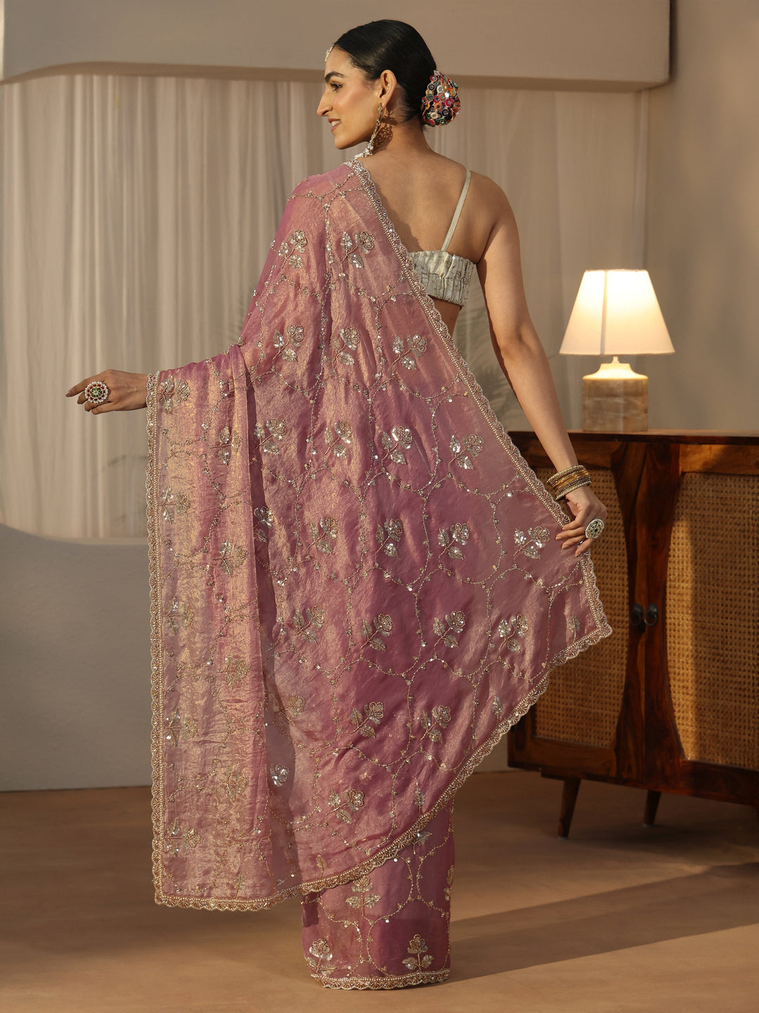  Libas Dusty Rose Pink Floral Embellished Tissue Saree 