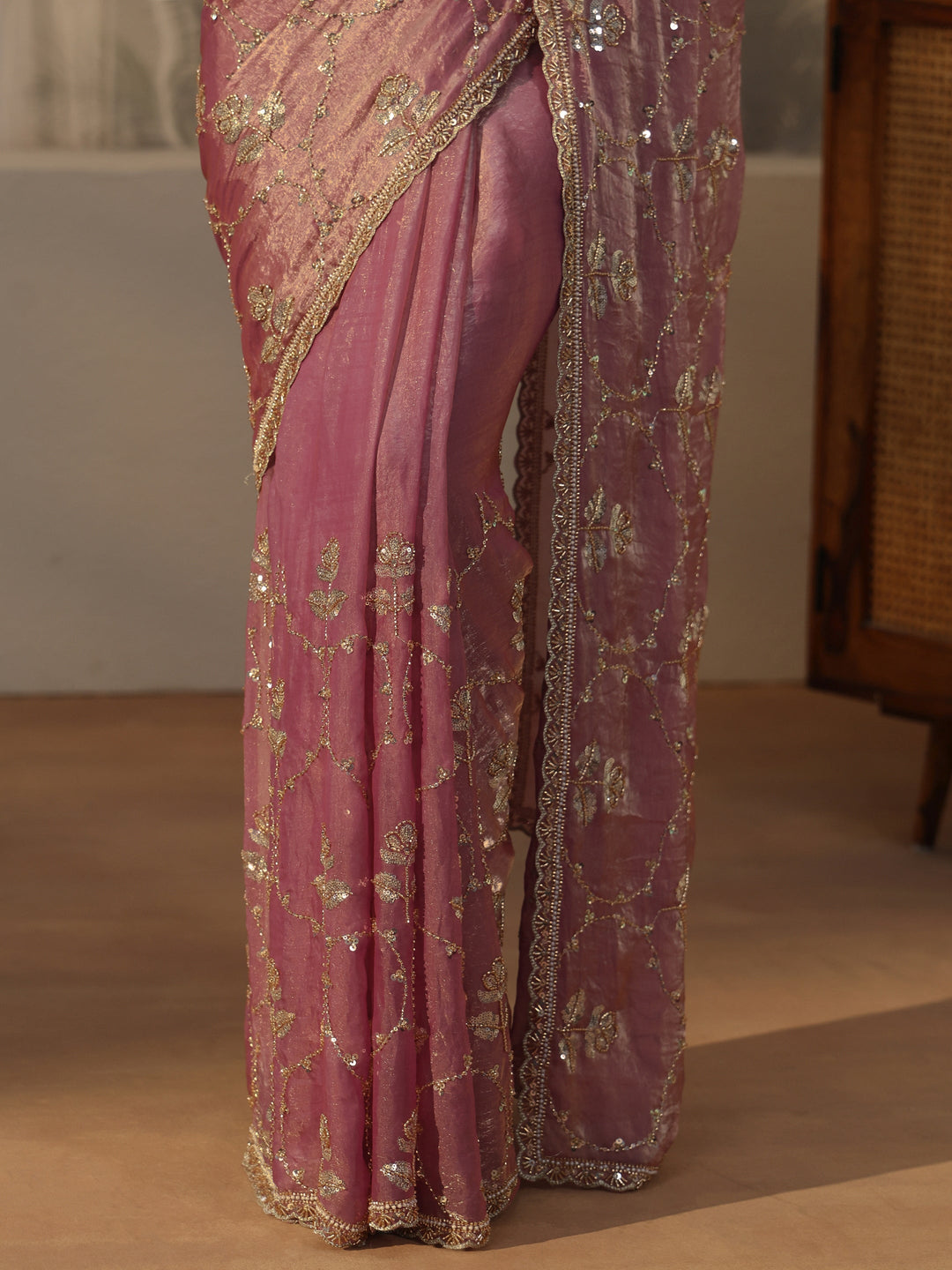  Libas Dusty Rose Pink Floral Embellished Tissue Saree 