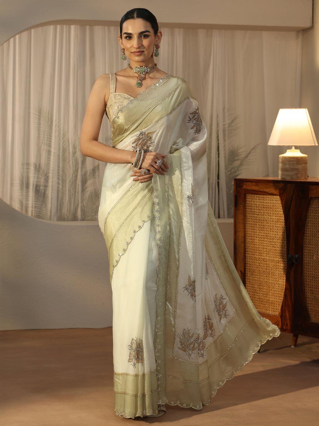  Libas Cream Floral Embellished Tissue Saree 