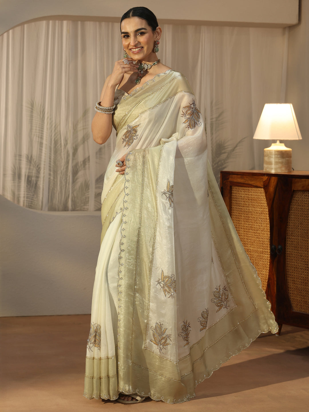  Libas Cream Floral Embellished Tissue Saree 