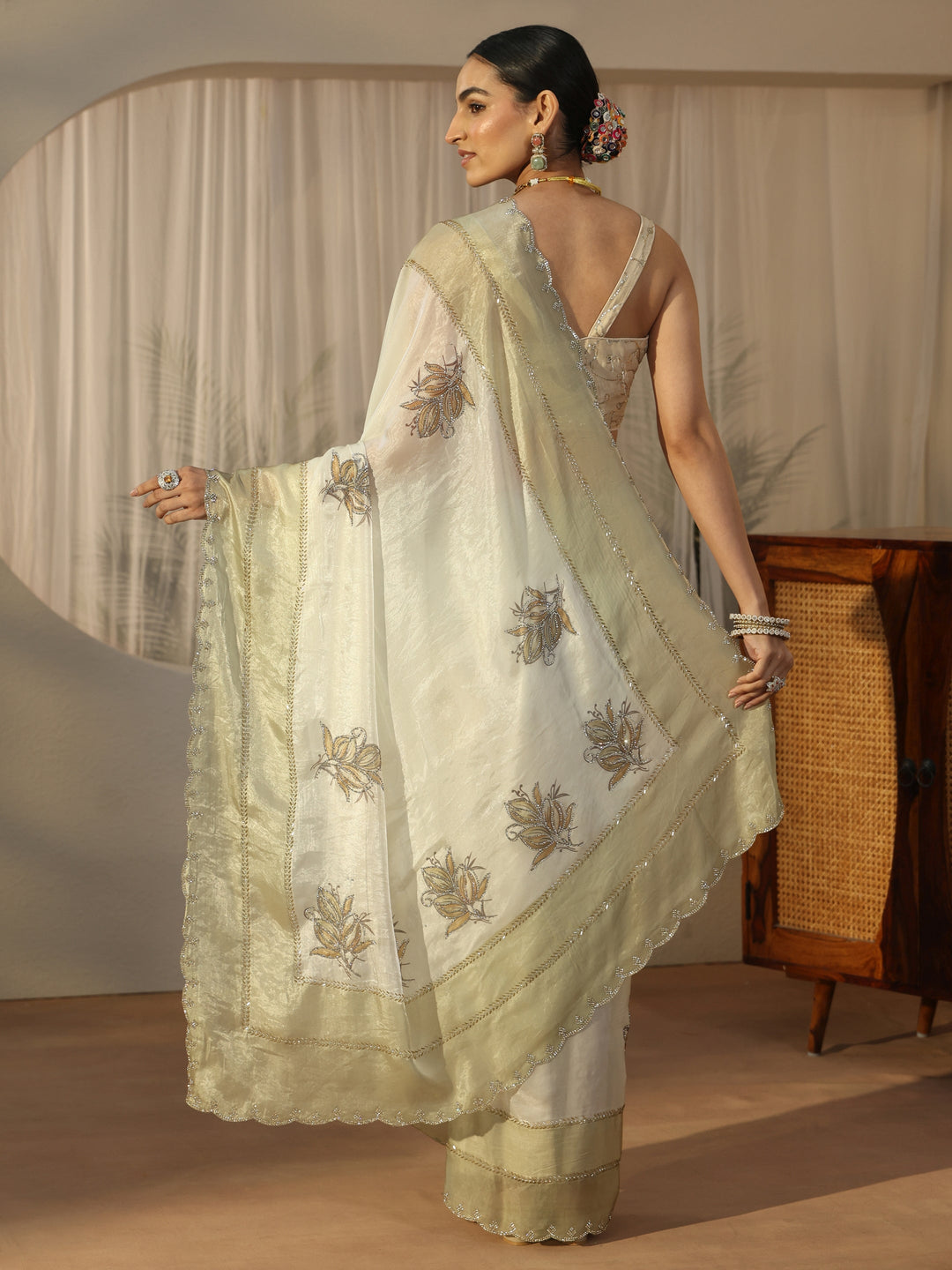  Libas Cream Floral Embellished Tissue Saree 