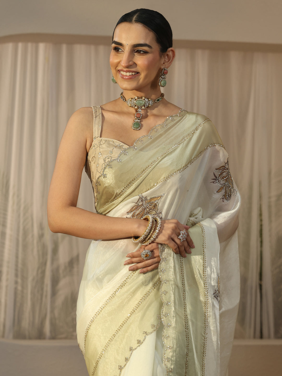 Libas Cream Floral Embellished Tissue Saree 