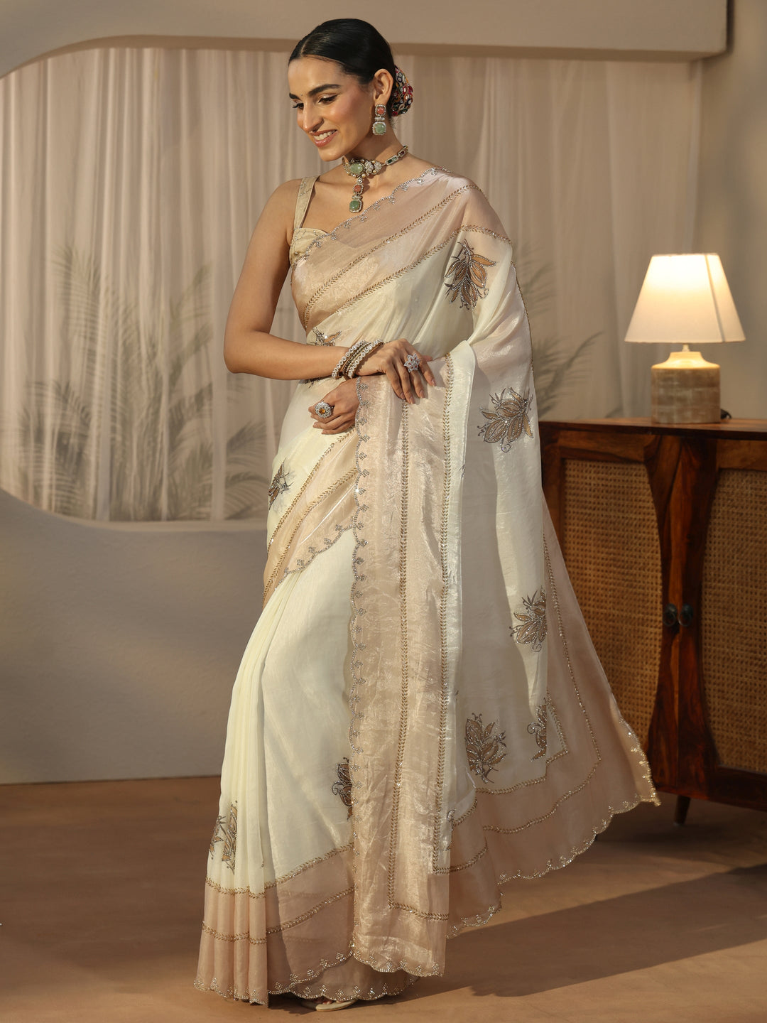 Libas Cream Floral Embellished Tissue Saree 