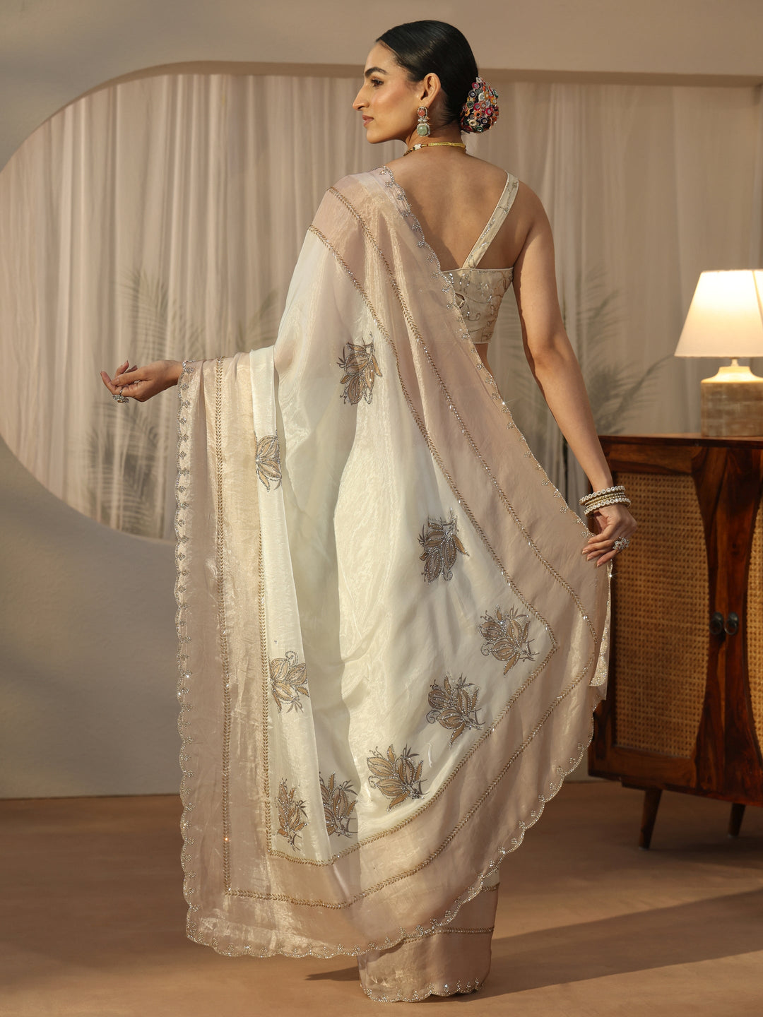  Libas Cream Floral Embellished Tissue Saree 