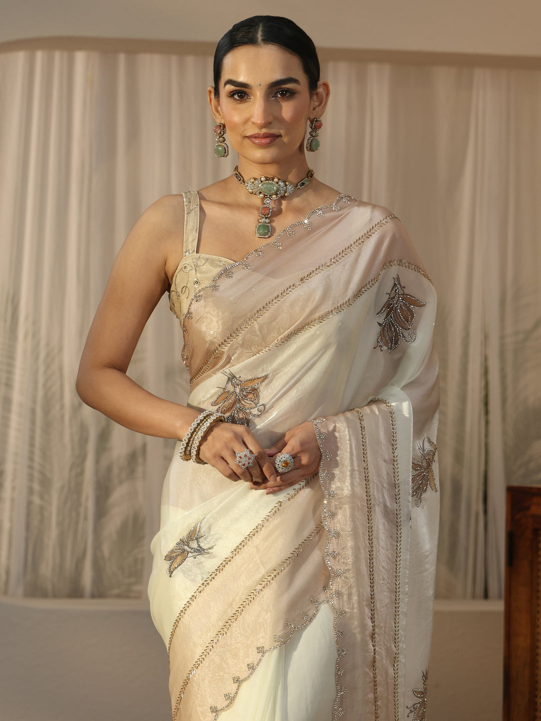 Libas Cream Floral Embellished Tissue Saree 