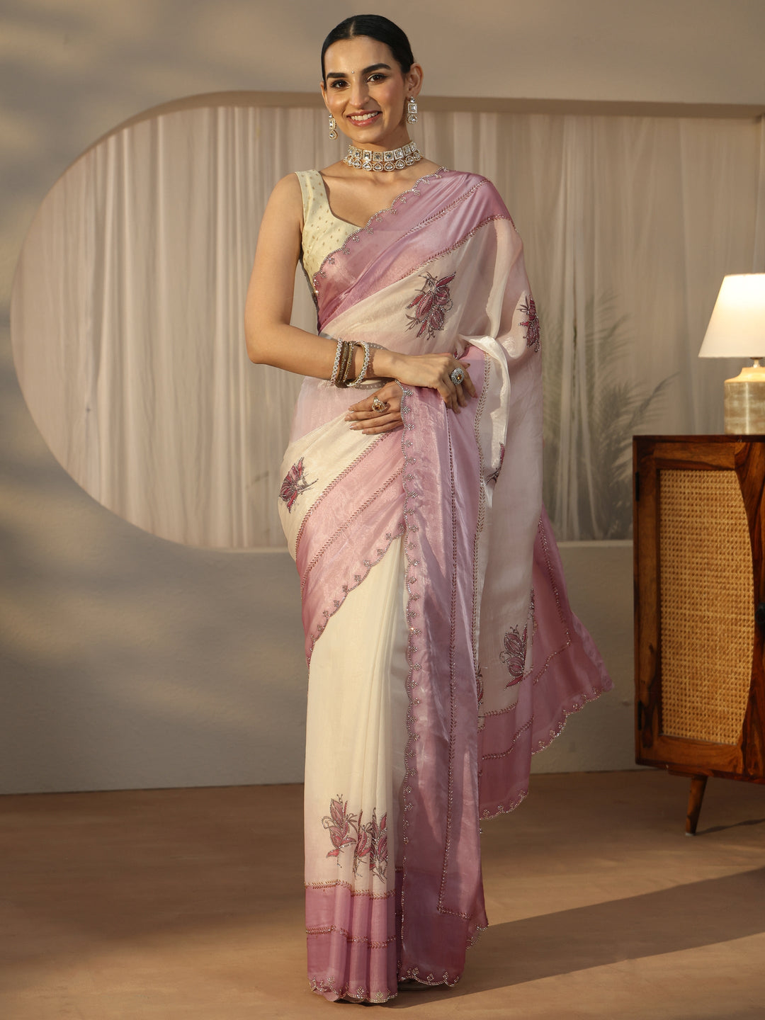  Libas Cream Floral Embellished Tissue Saree 