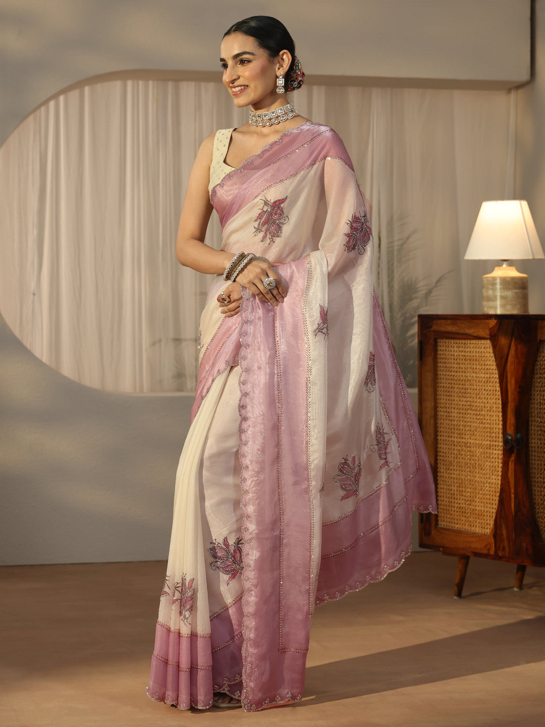 Libas Cream Floral Embellished Tissue Saree 