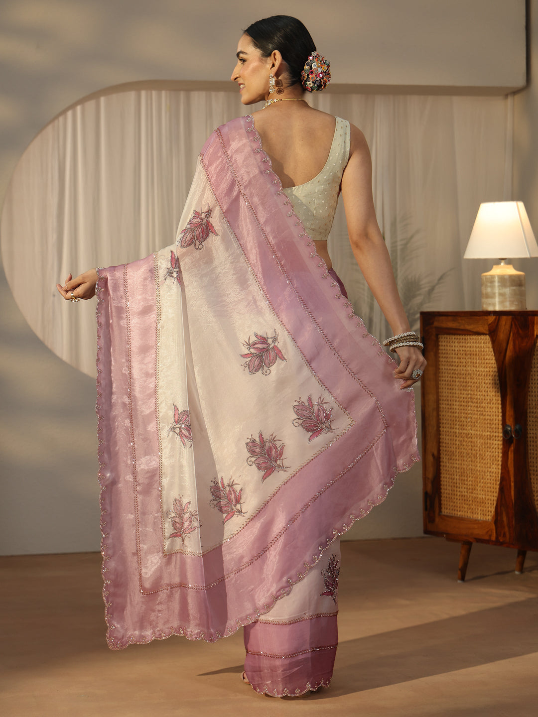  Libas Cream Floral Embellished Tissue Saree 