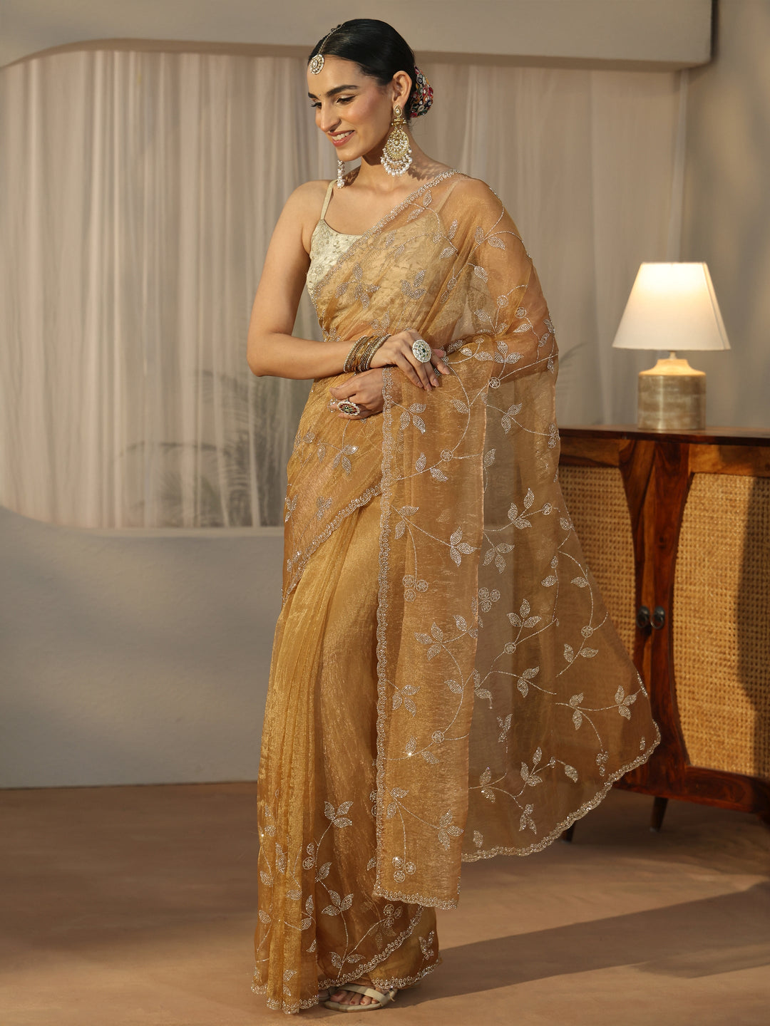  Libas Art Gold Floral Embellished Tissue Saree 
