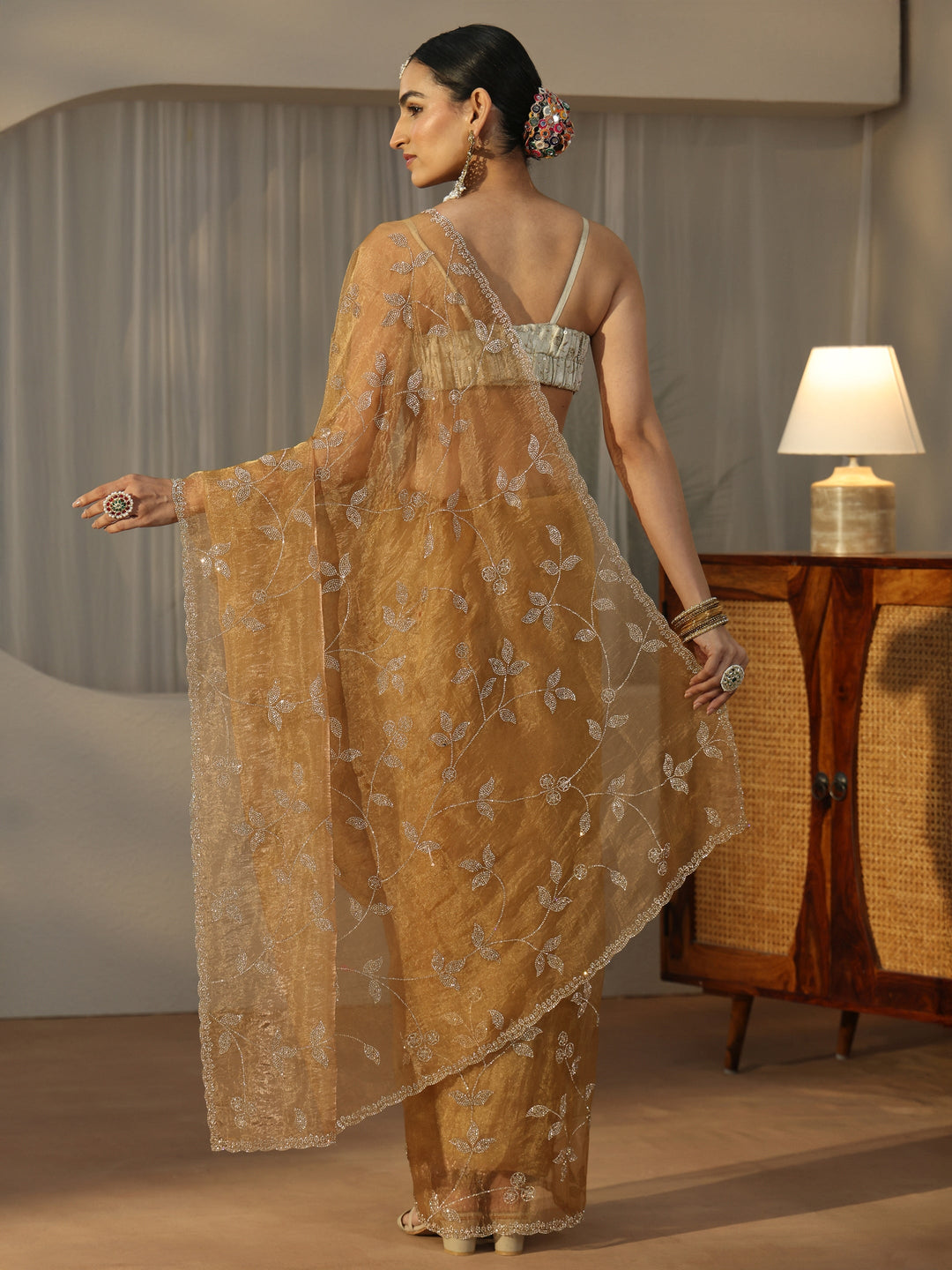  Libas Art Gold Floral Embellished Tissue Saree 